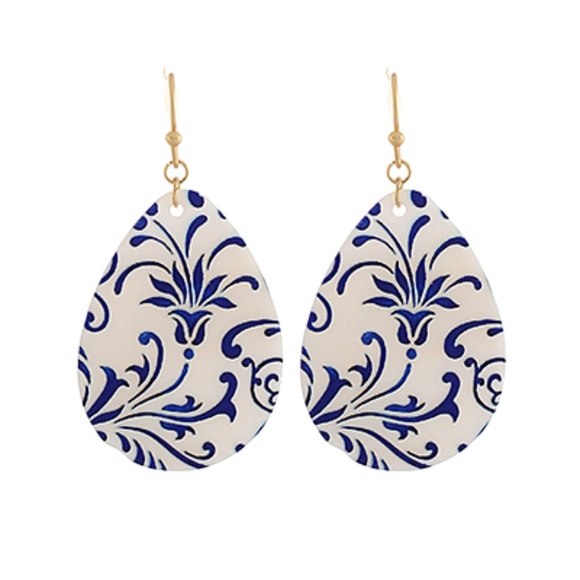 Blue Patterned MOP Teardrop Earrings - Picture 1 of 1